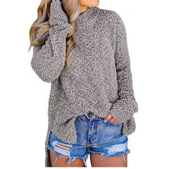 New Fuzzy Knitted Sherpa Side Slit Top - Picture 6 of 7